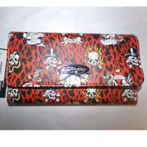 Ed Hardy Red Leopard Tattoo Skull Vegan Leather Trifold Wallet EHW193-42-528